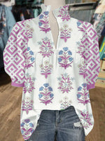 Women's V Neck Puff Sleeve Floral Print Blouse
