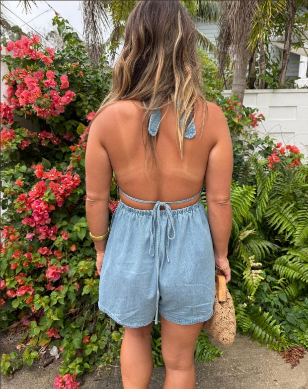 Women's Adjustable Back Tie Halter Denim Romper