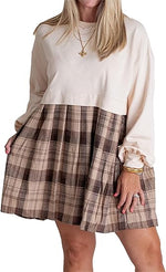 Women's Long Sleeve Round Neck Plaid Print Patchwork Dress