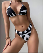 Geometric Print Halter Bikini Swimsuit & Cover Up 3 Piece Set
