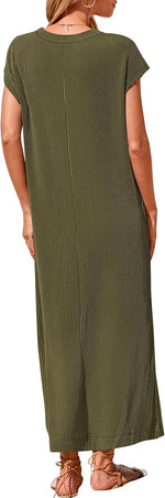Women's Ribbed Henley Button Up Split Long Dress