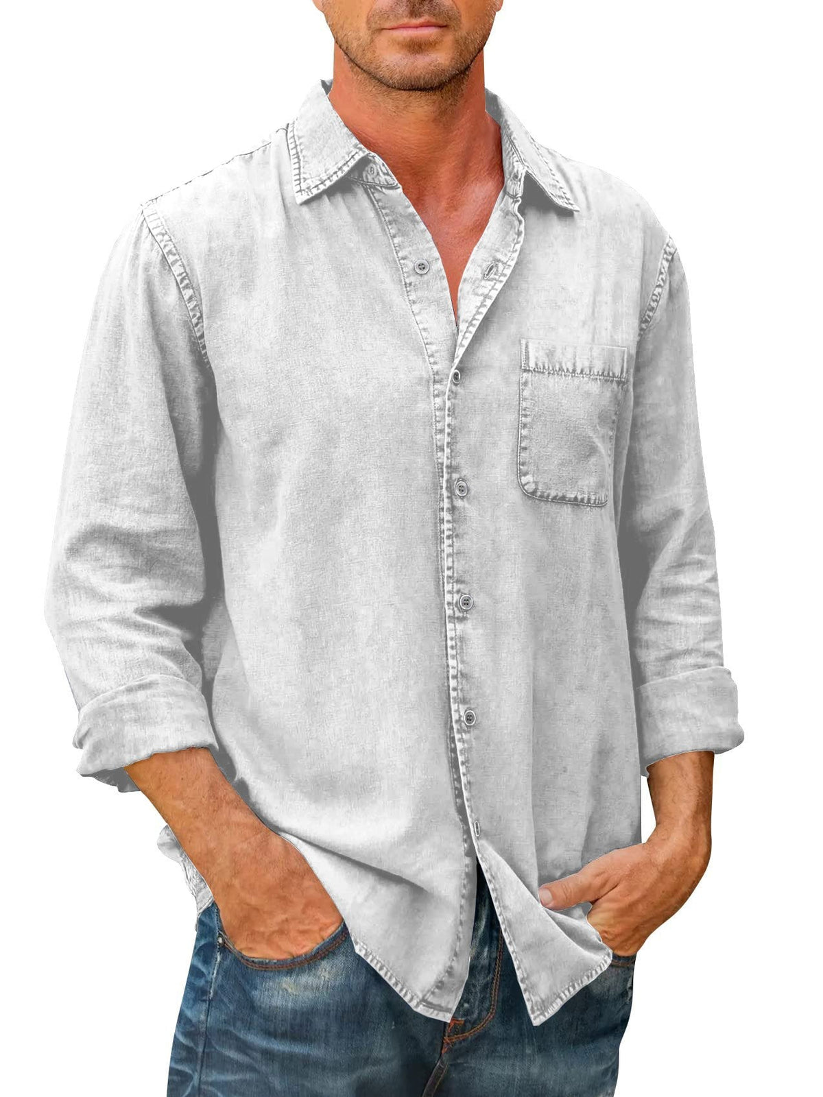 ??Men's Denim Long Sleeve Button Down Shirt