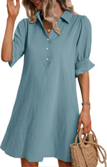 Women's Solid Ruffle Sleeve Button Down Shirt Dress