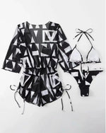 Geometric Print Halter Bikini Swimsuit & Cover Up 3 Piece Set