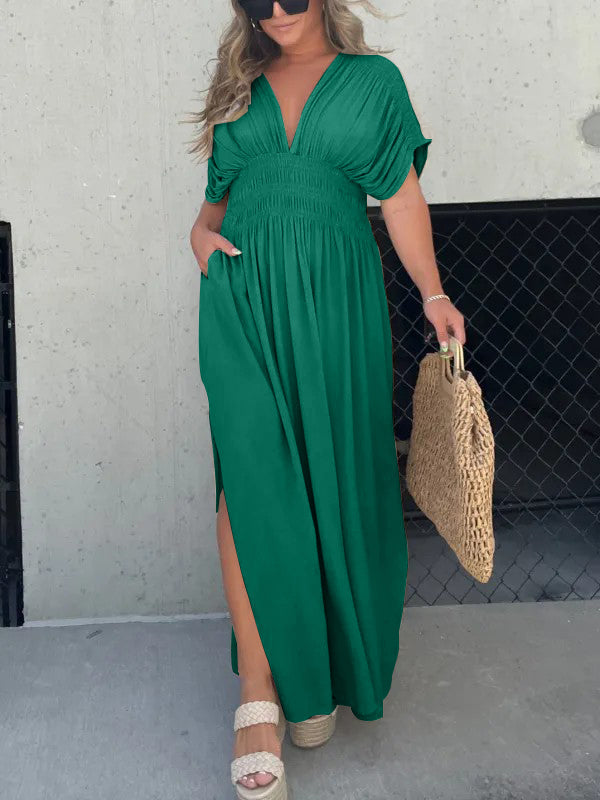 V-neck Dress With Slit And Gathered Waist