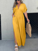 V-neck Dress With Slit And Gathered Waist
