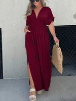 V-neck Dress With Slit And Gathered Waist