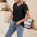Solid color V-neck tile sleeve short-sleeved T-shirt