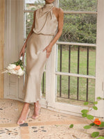 Mock Neck Keyhole Elastic High Waist Maxi Dress
