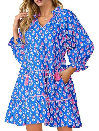 Women's Floral Ruffle V Neck Boho Babydoll Dresses with Pockets