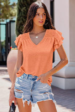 Solid Color V-neck Ruffle Short Sleeve