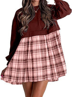 Women's Long Sleeve Round Neck Plaid Print Patchwork Dress