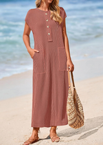 Women's Ribbed Henley Button Up Split Long Dress