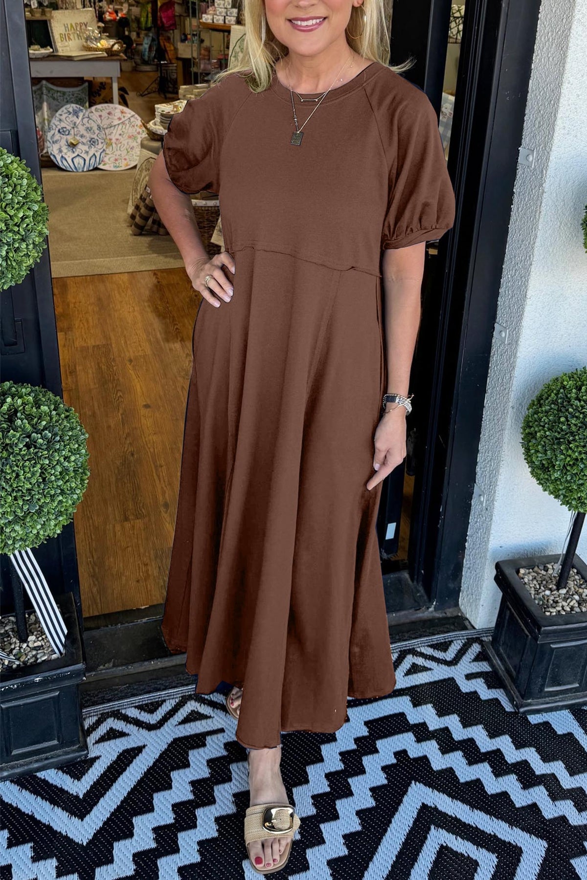 Women's Solid Puff Sleeve Long Dress With Pockets