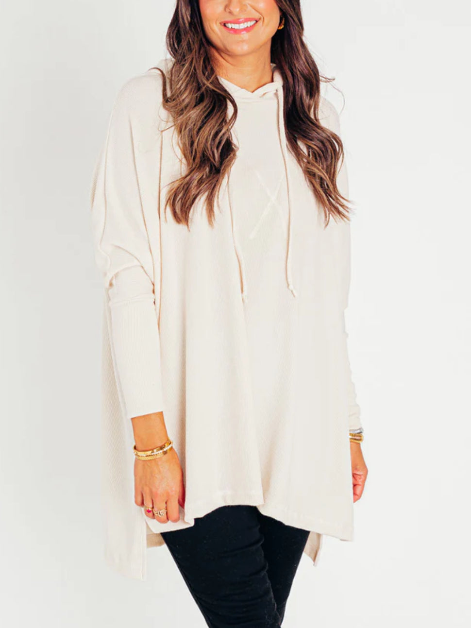 Women's Oversized Bat Sleeve Ribbed Hooded Pullover