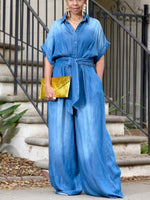 Women's Tie-Waist Wide-Leg Denim Jumpsuit