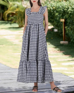 Women's Retro Plaid Smocked Flounce Long Dress