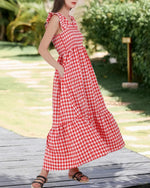 Women's Retro Plaid Smocked Flounce Long Dress