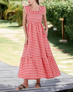 Women's Retro Plaid Smocked Flounce Long Dress