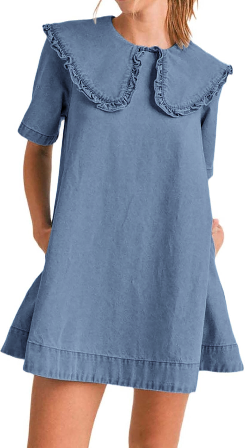 Women's Casual Ruffle Lapel Babydoll Denim Dress