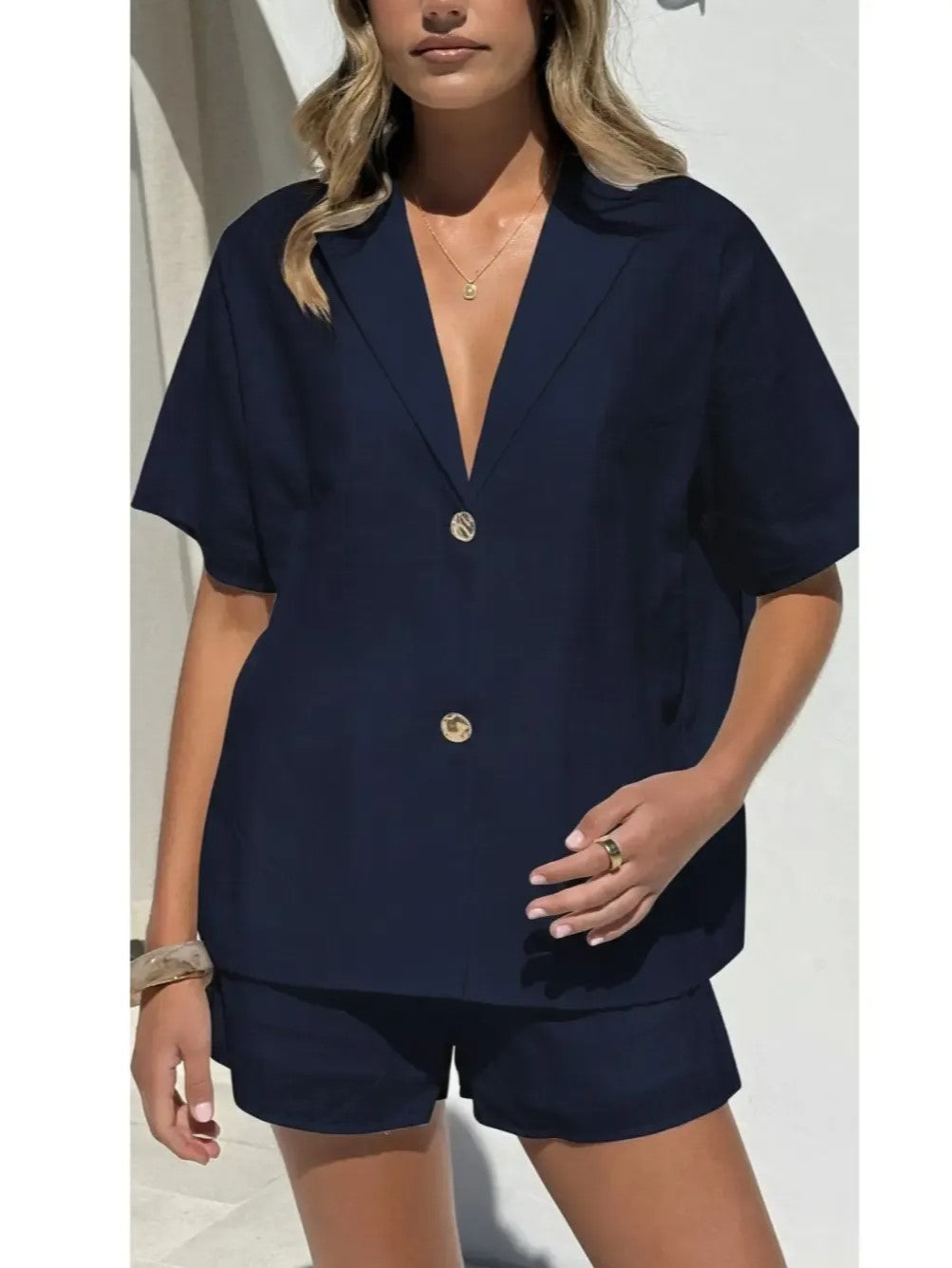 Women's Lapel V-Neck Button Front Casual Top & Shorts Set