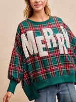 "MERRY" Fuzzy Letter Patches Christmas Plaid Sweatshirt