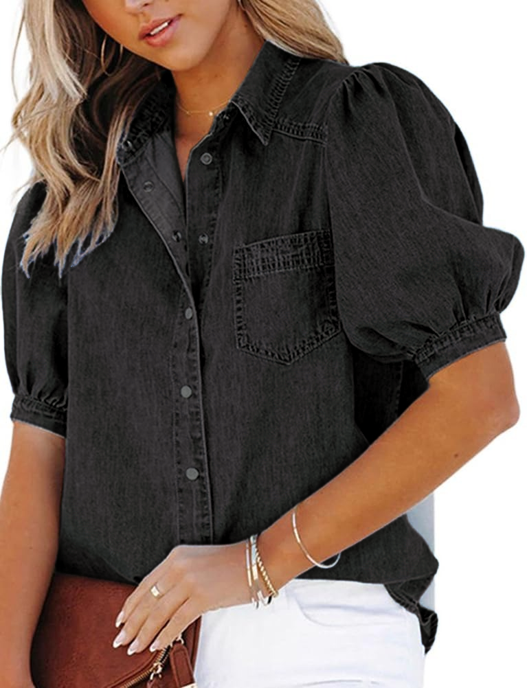 Women's Casual Puff Sleeve Denim Button-Down Shirt
