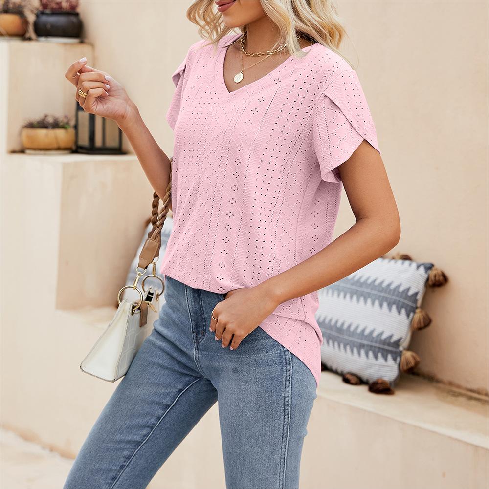 Solid color V-neck tile sleeve short-sleeved T-shirt