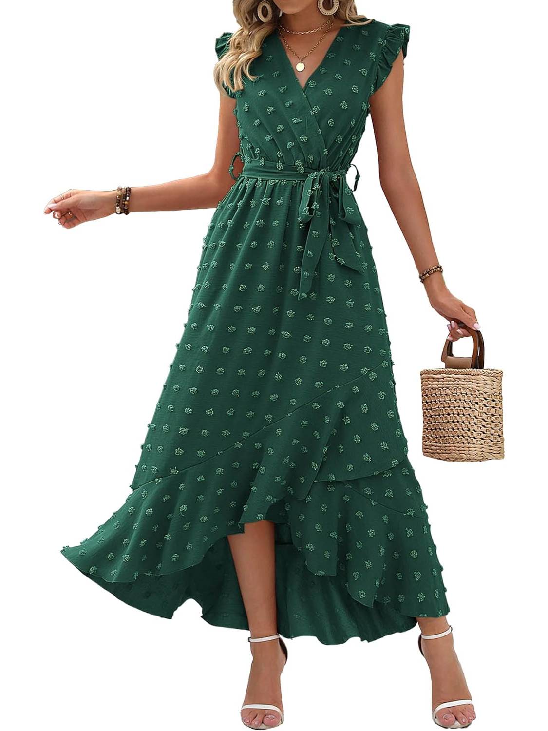 Women's Ruffle Cap Sleeve Swiss Dot Boho Maxi Dress