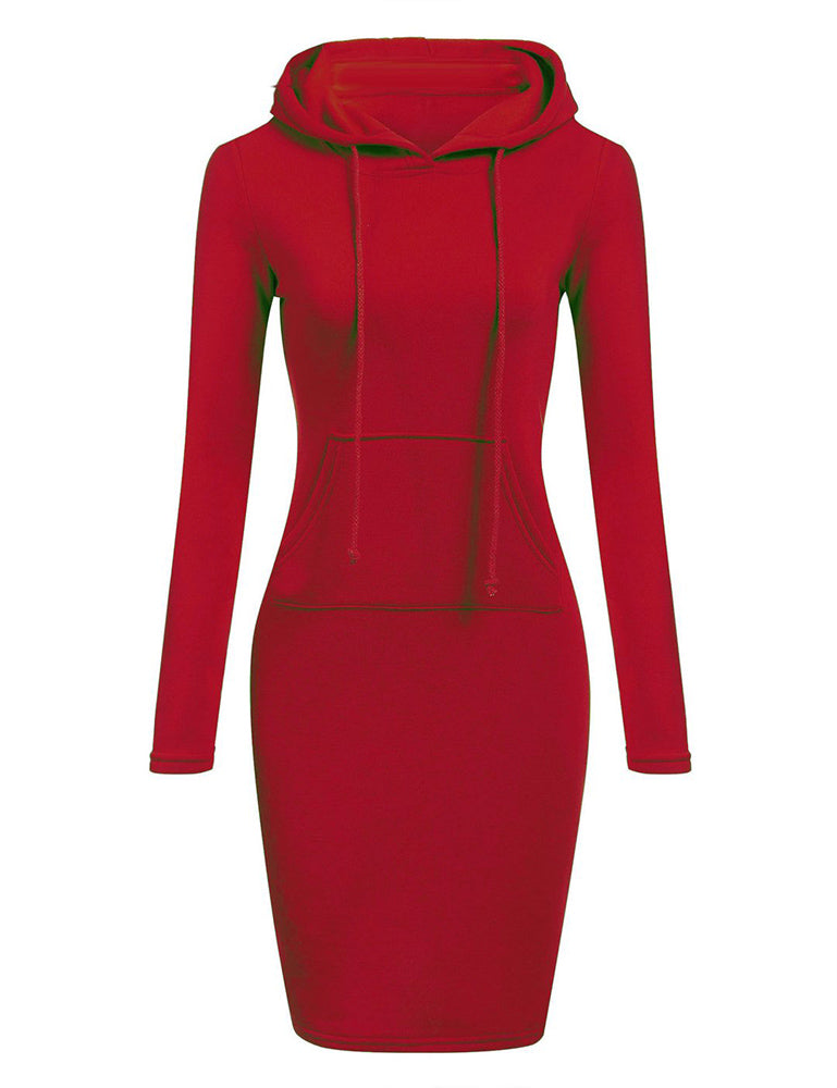 Women Pocket Knee Length Slim Casual Pullover Hoodie Dress