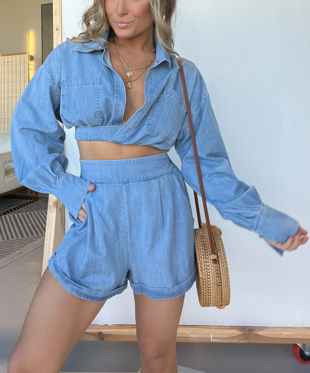 Long Sleeves Crop Shirt and Shorts Denim Set