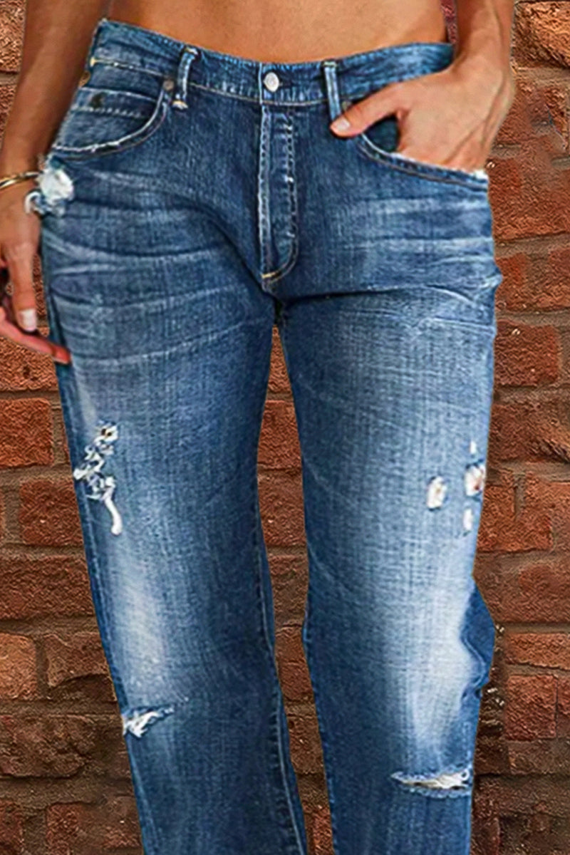 Ripped Low Waist Straight Leg Jeans