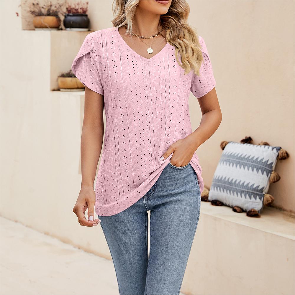 Solid color V-neck tile sleeve short-sleeved T-shirt