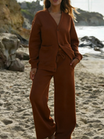 Women's V-Neck Button Casual Two-Piece Set