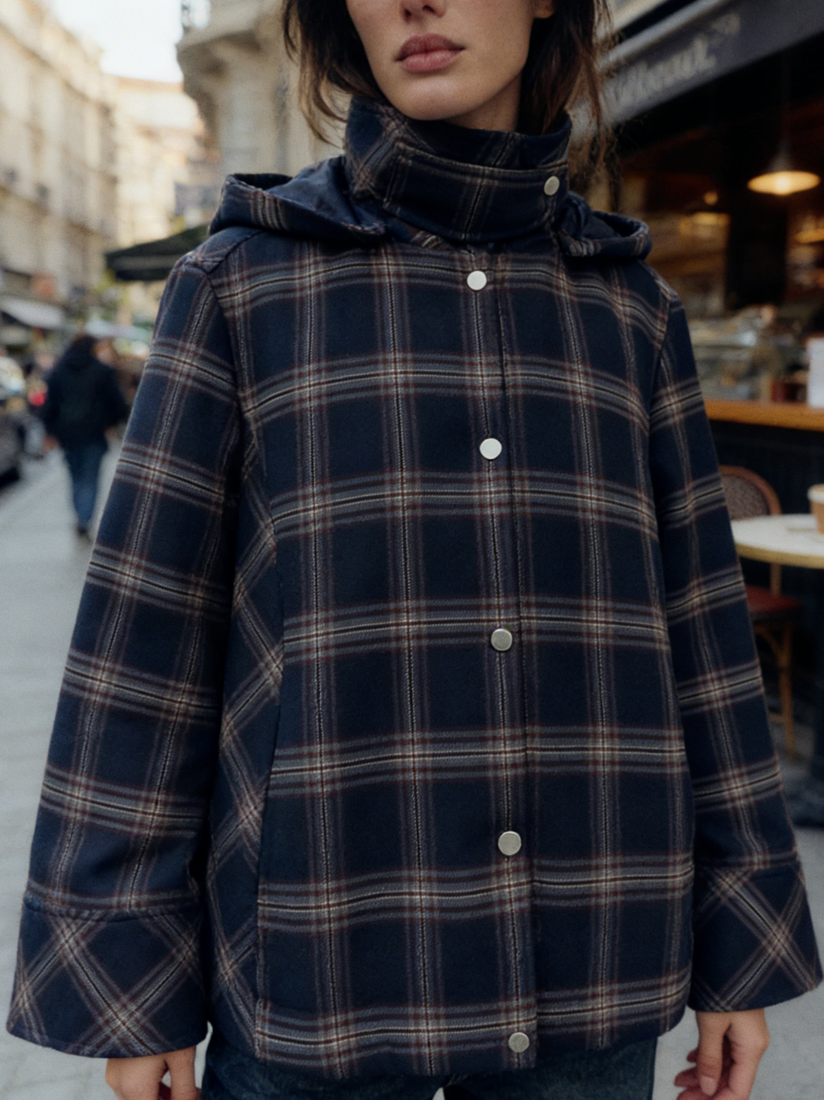 Women's High-Neck Checked Hooded Quilted Coat