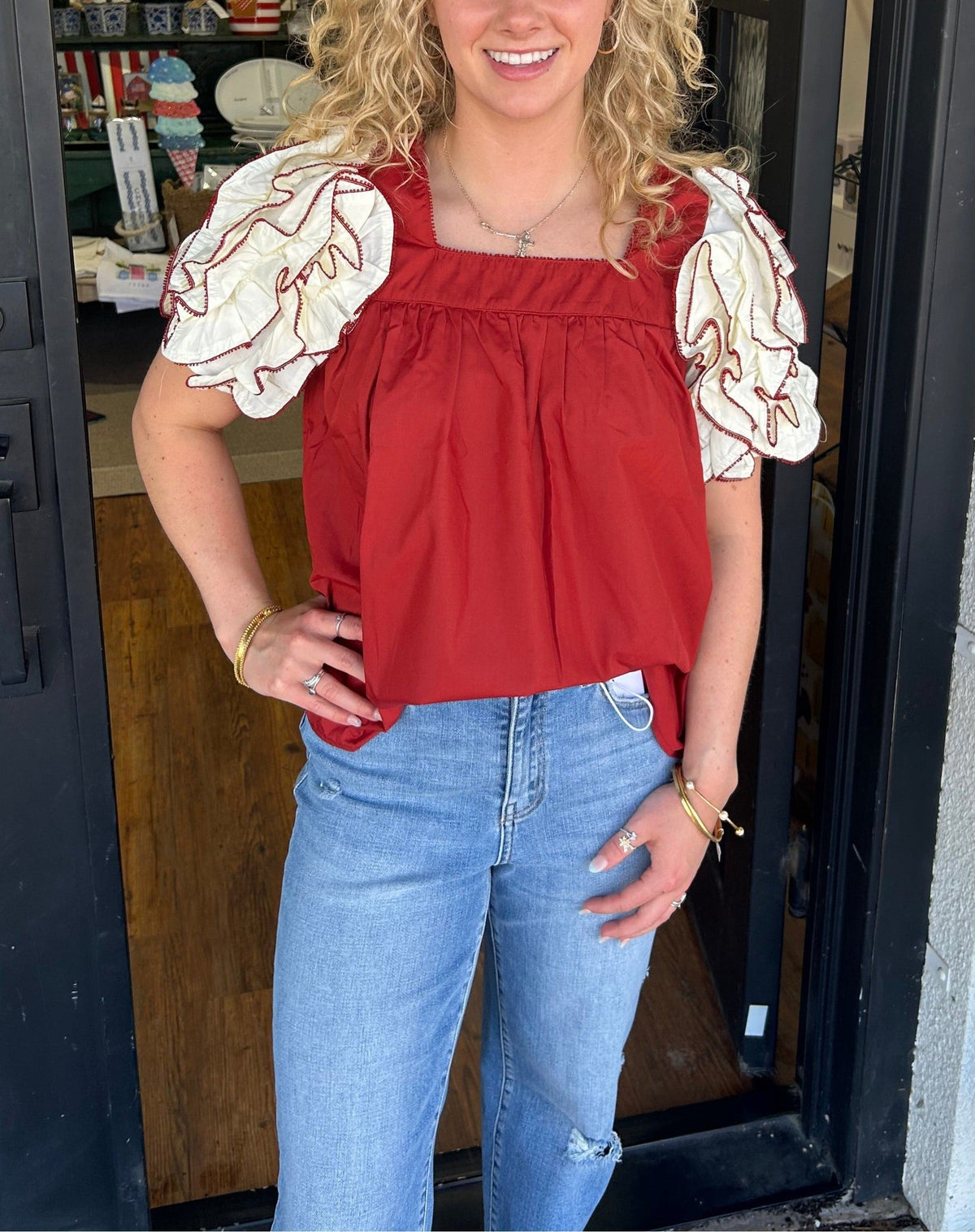 Women's Square Neck Ruffle Sleeve Top
