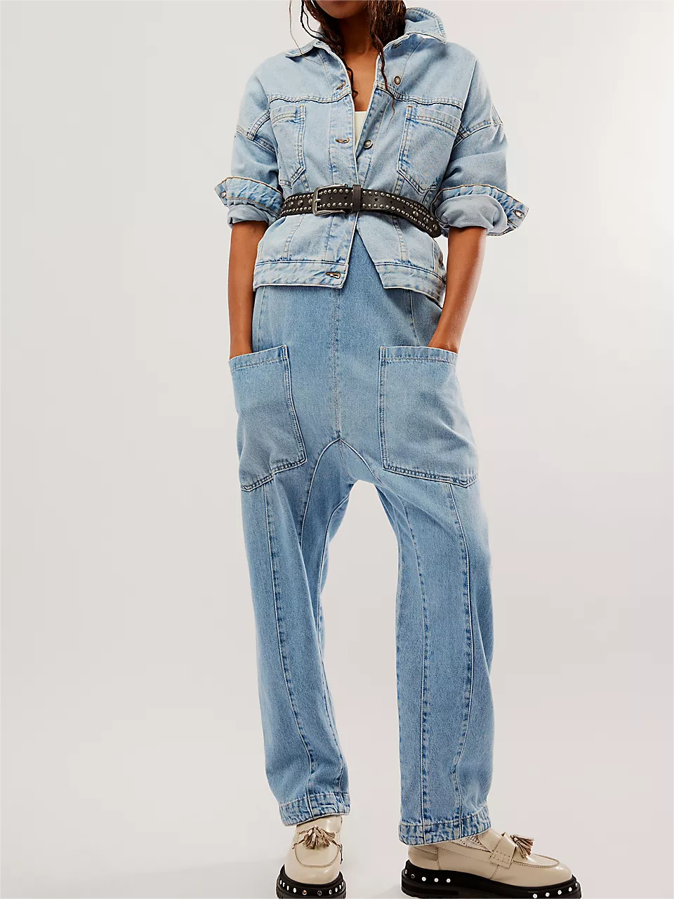 Women's Denim Sleeveless Loose Jumpsuit with Pockets