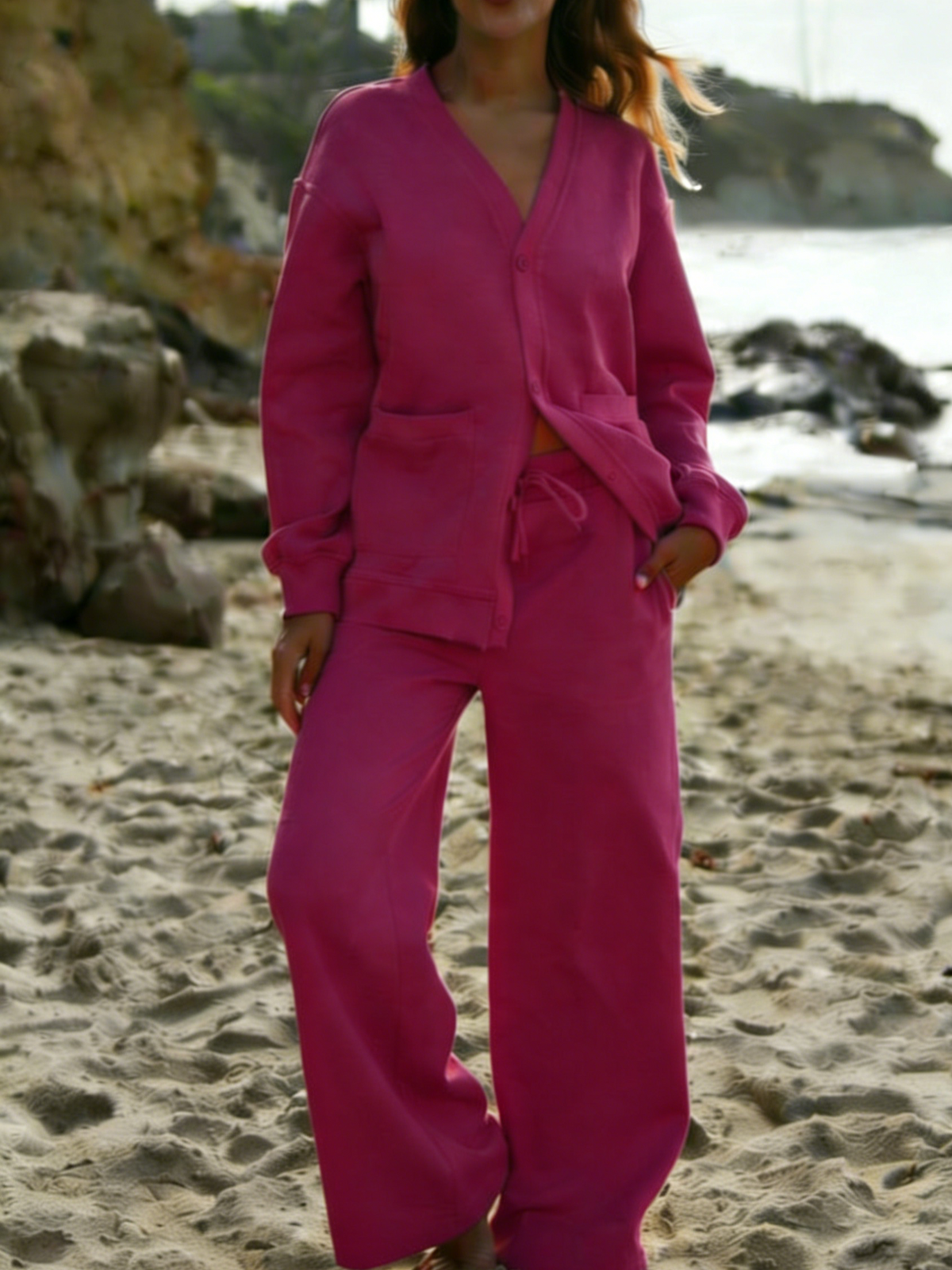 Women's V-Neck Button Casual Two-Piece Set