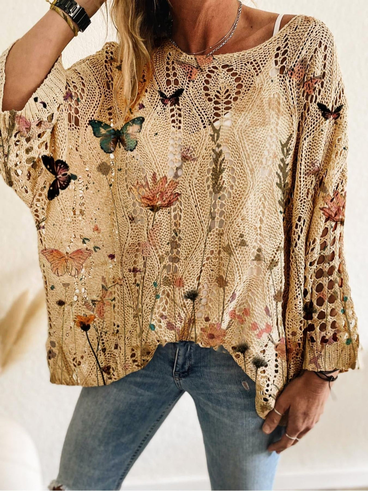 Women's Batwing Sleeve Print Hollow-Out Knit Top
