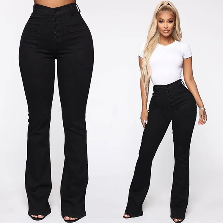 Women's Button Fly Booty Shaping High Waist Flare Jeans