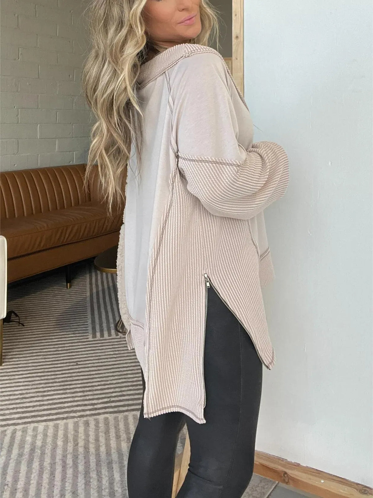 Oversized Side Zipper V-Neck Sweatshirt