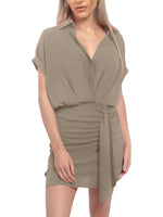 Women's V Neck Shirt Wrap Dress with Ruched Detail