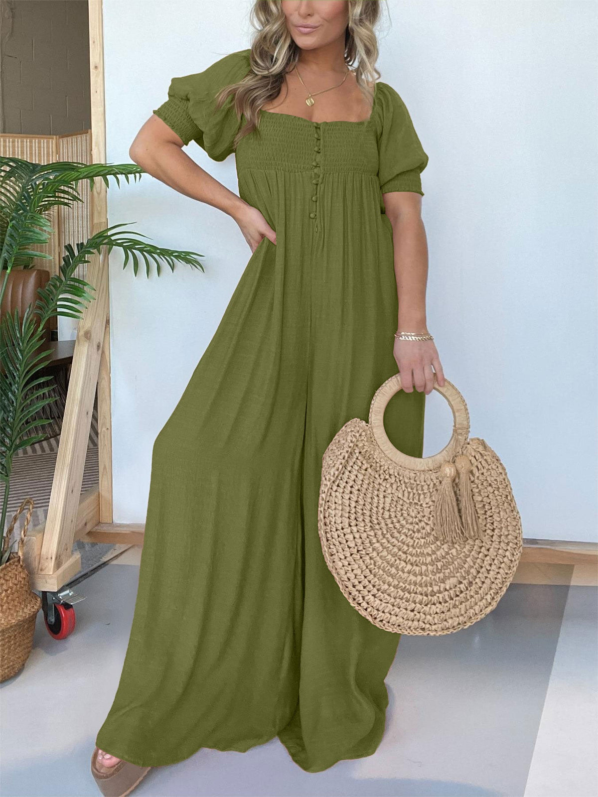 Women's Square Neckline Jumpsuit with Smocked Bodice Button
