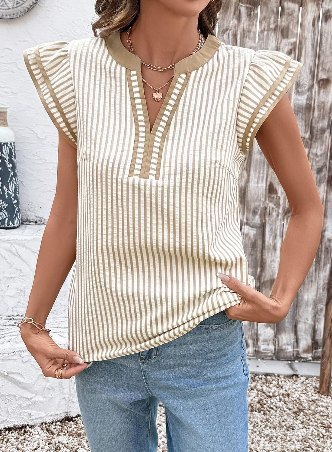 Women's Casual V Neck Flutter Sleeves Striped Top
