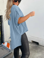 Washed Roll Sleeve Studded Oversized Short Sleeve Top