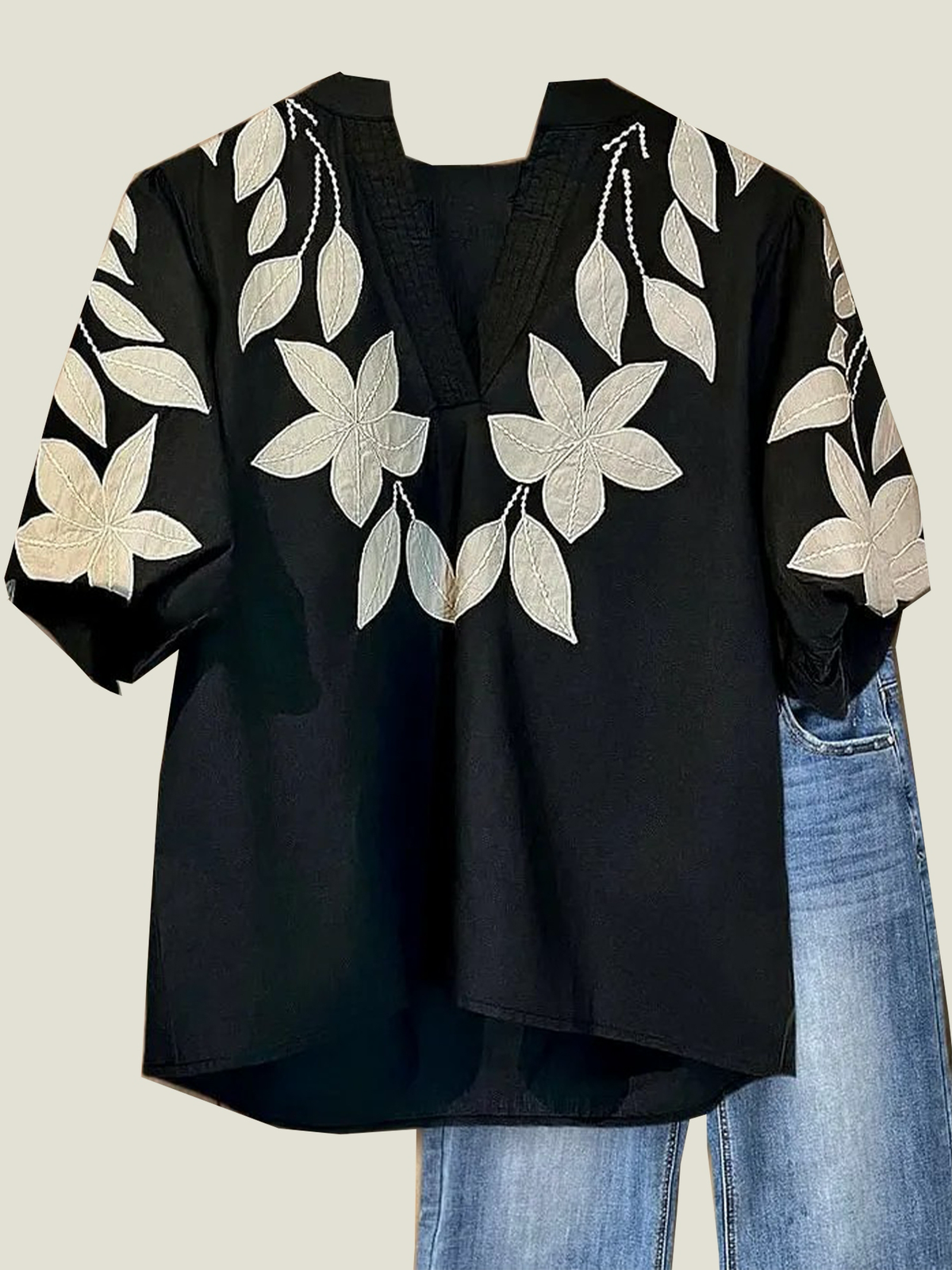 Women's V Neck Puff Sleeve Floral EmbroideryT-Shirt