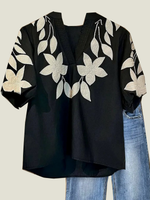 Women's V Neck Puff Sleeve Floral EmbroideryT-Shirt