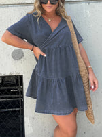 Denim Ruffle V-Neck Mini Dress