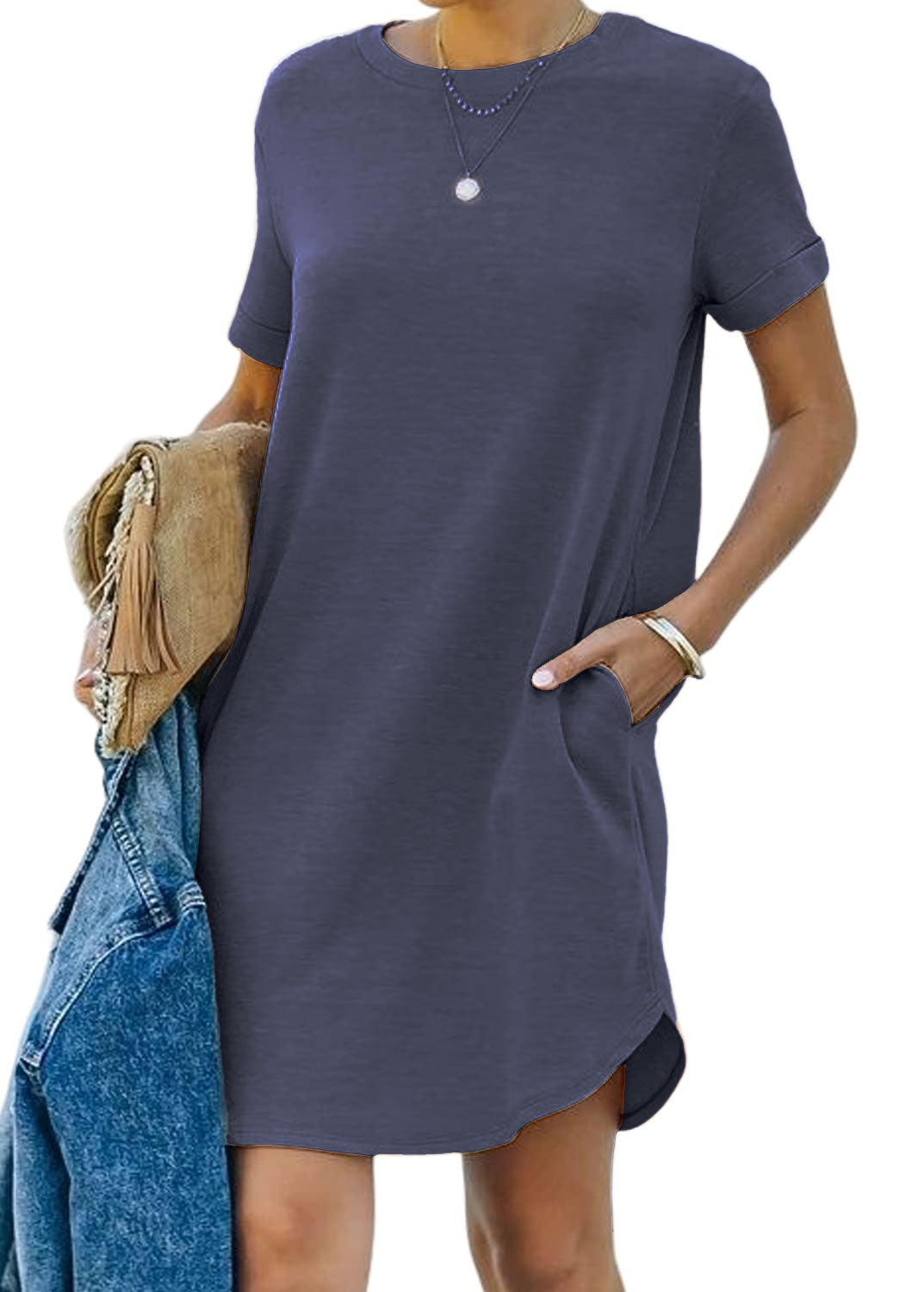 Women's Casual Short Sleeve T-shirt Dress with Pocket