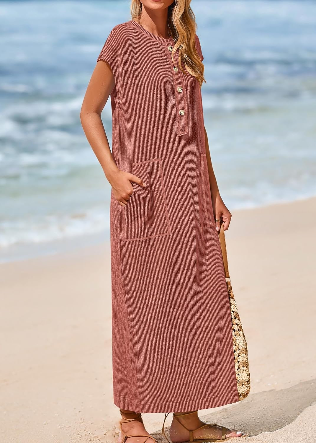 Women's Ribbed Henley Button Up Split Long Dress